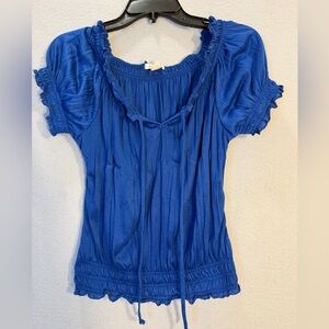 Blue Peasant Top Medium Boho Smocked Waist Ruffle Trim Sheer Cottagecore